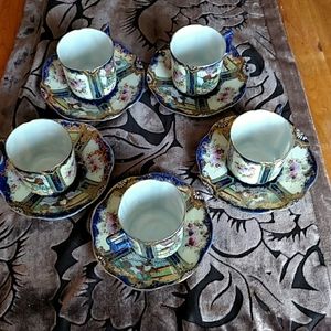 Floral Porcelain Tea Cup and Saucer Set - Blue and Gold